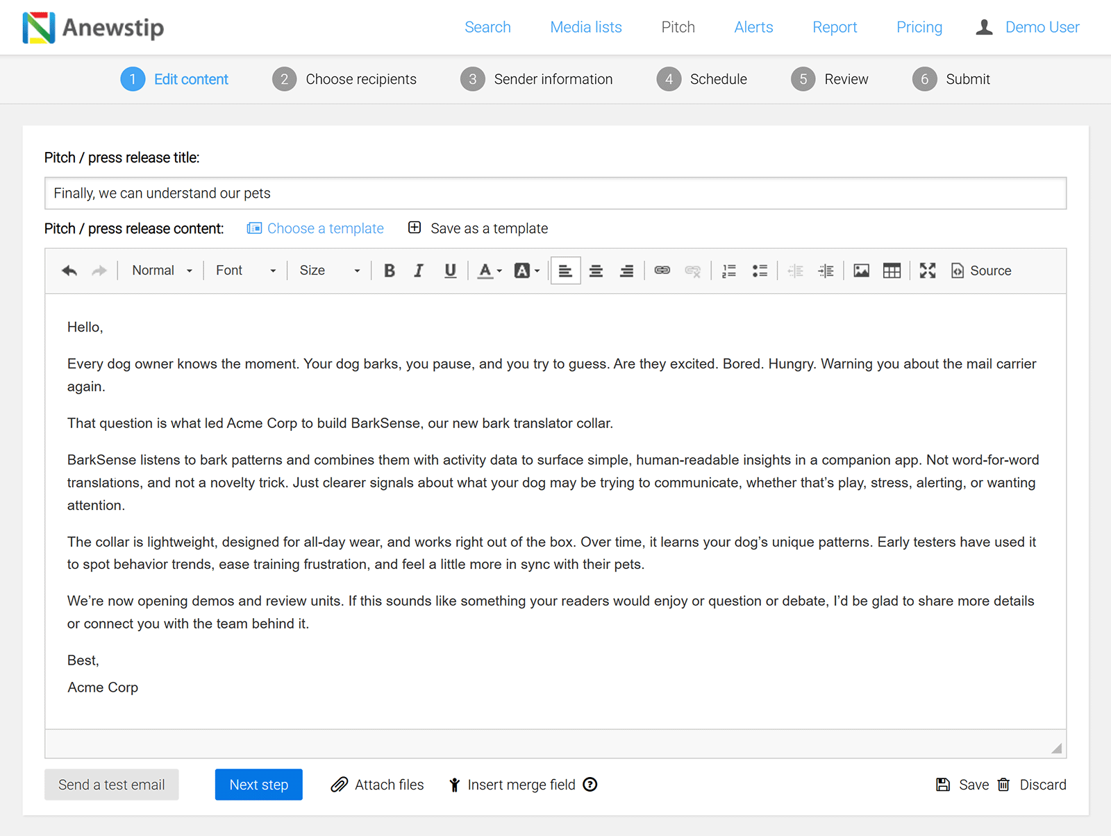 Anewstip press pitch editor with title field, rich text editor, and full draft press release content.