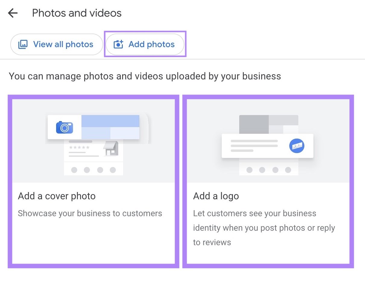 The "Photos and videos" window on GBP where a business can upload additional business photos, a cover photo, and a logo.