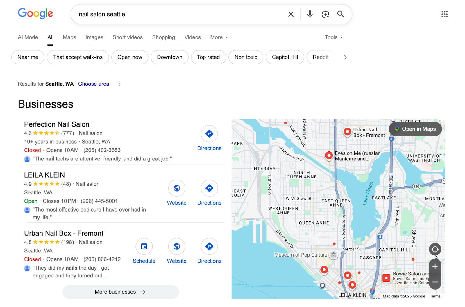 The local pack is a list of businesses near the top of the SERP that appear alongside a Google Map view.