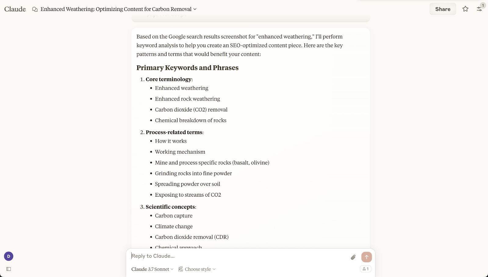 Claude interface showing a list of core terminology, questions people are asking, and content structure recommendations for a keyword.