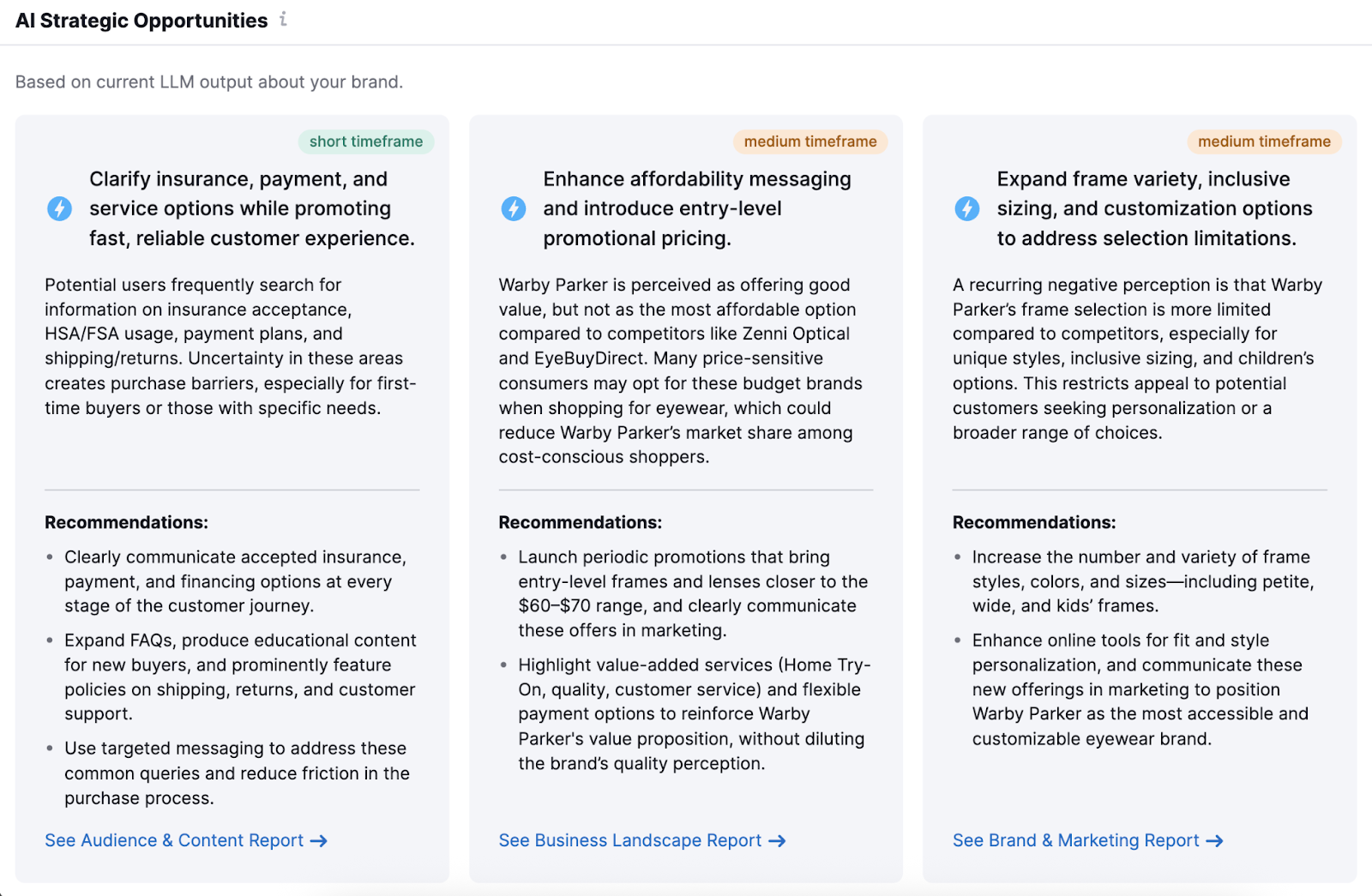 AI Strategic Opportunities shows recommendations and their timeframe to complete.