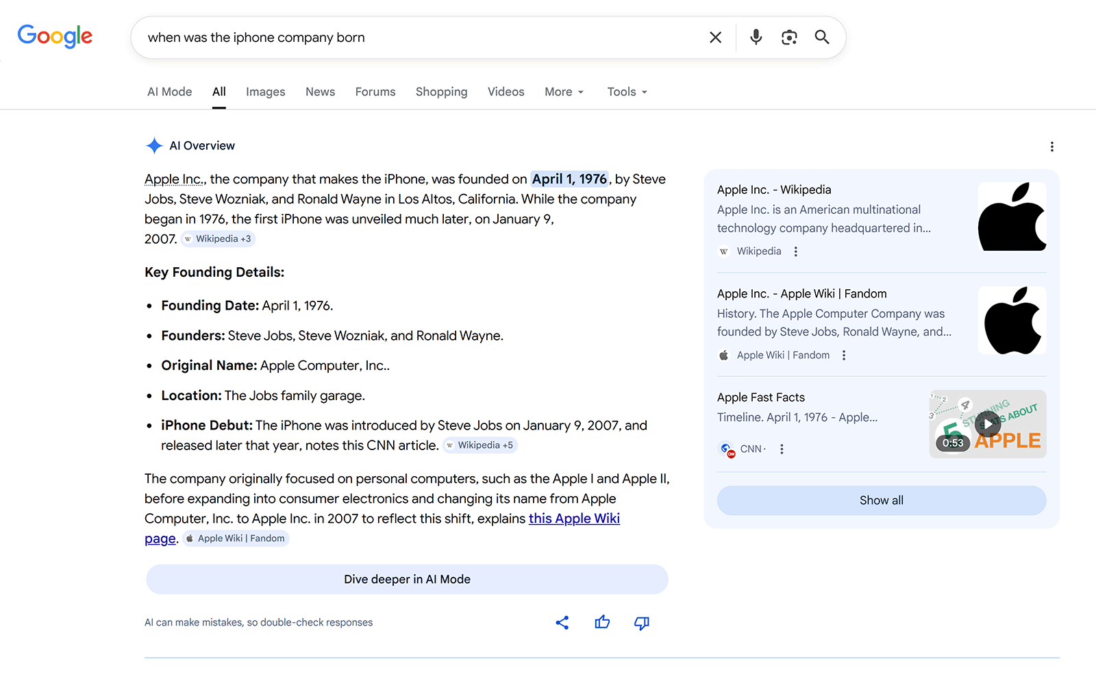 Google AI Overview answering Apple founding date with key details like founders, date, and iPhone debut