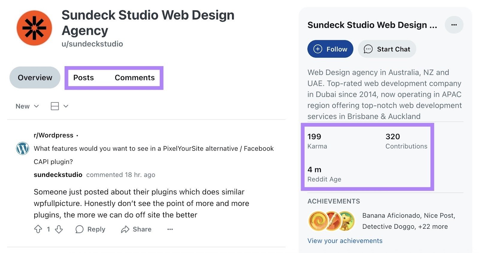 The Karma, Contributions, and Reddit Age highlighted on the right-hand side of a Reddit profile.