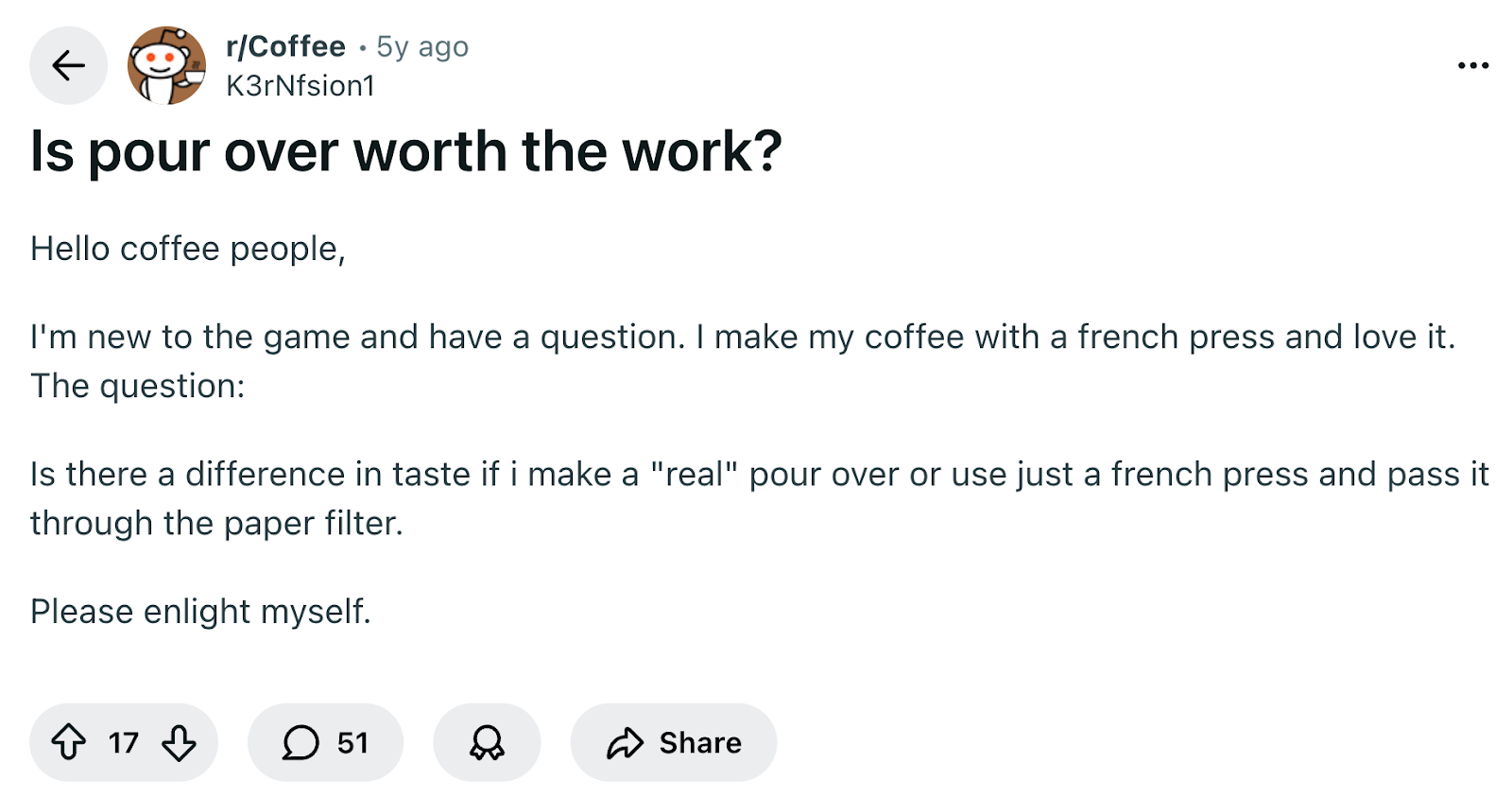 Reddit thread ranking in Google about whether pour-over coffee is worth it