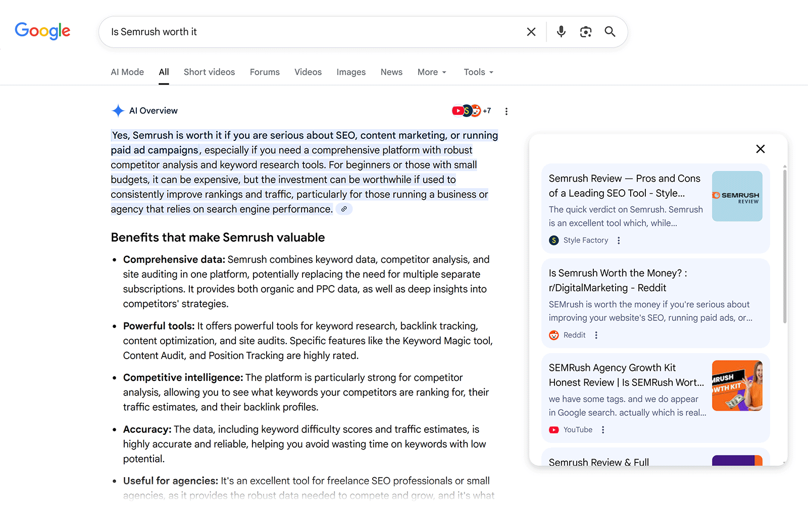 Google search page with an AI overview answer about Semrush and a side panel of related review sources.
