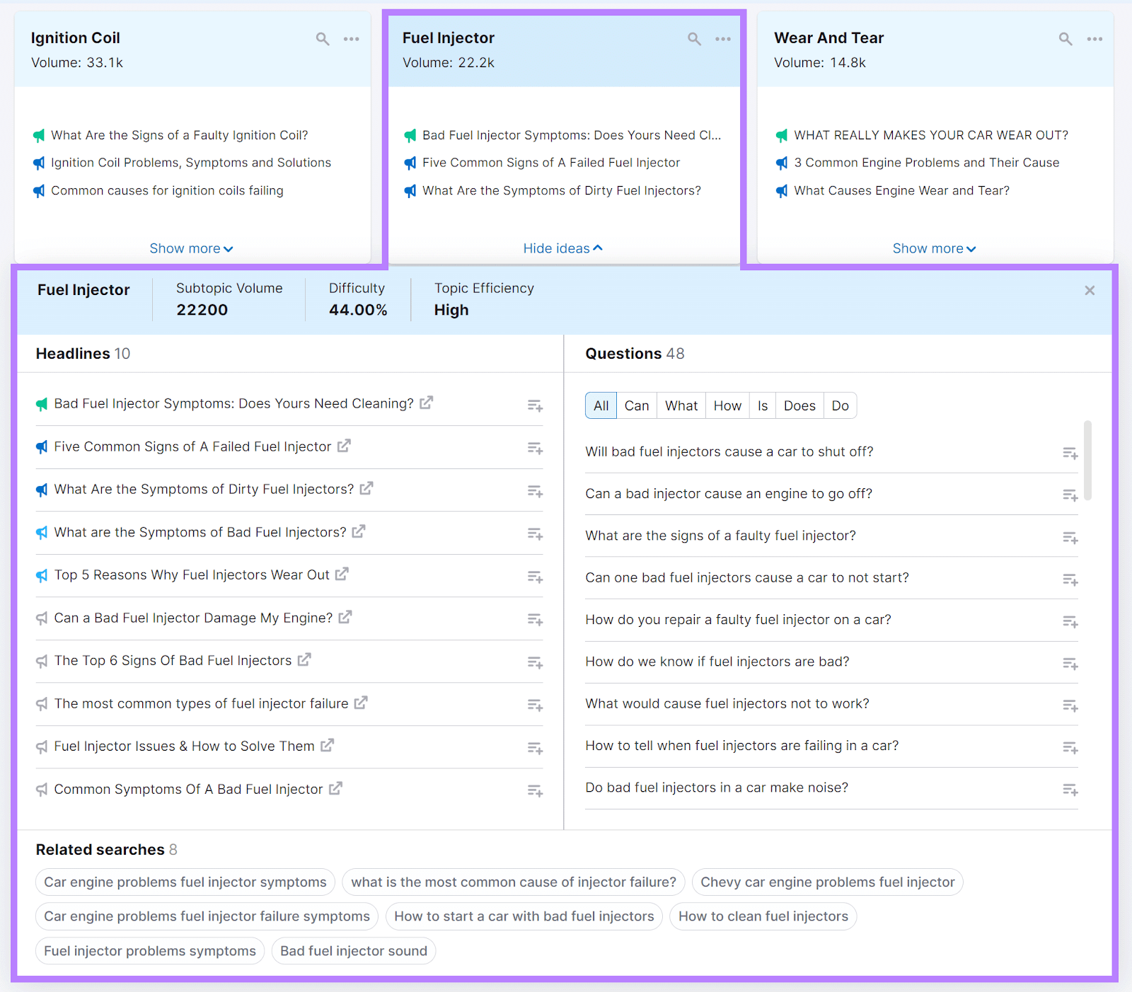 Subtopic card expanded to reveal details about the subtopic.