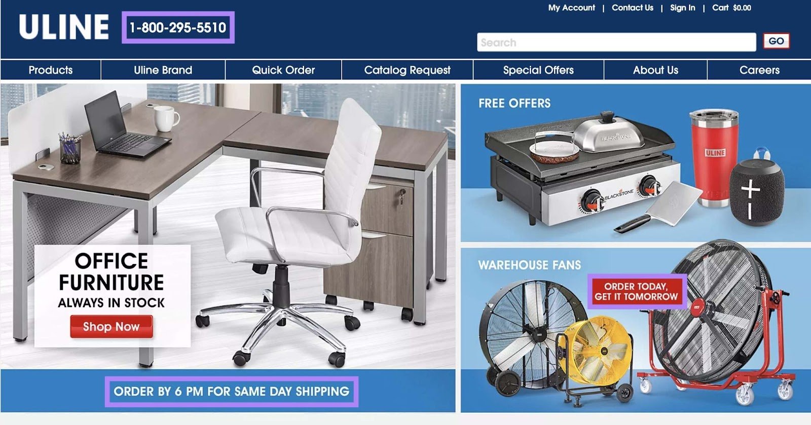 Homepage of B2B ecommerce brand, Uline, showing delivery timelines, a contact number, and stock availability.