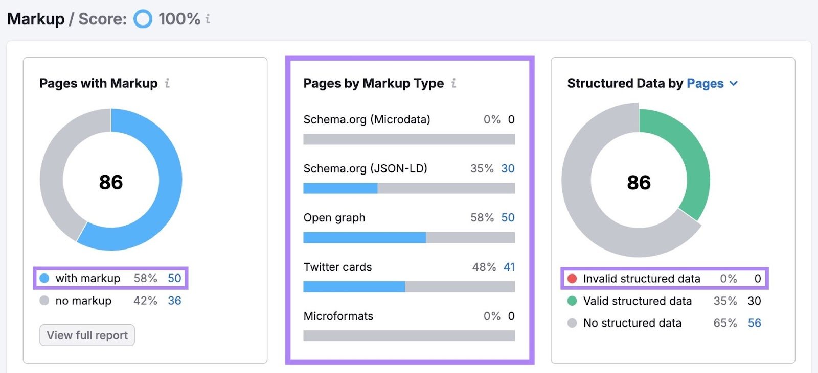 Markup report on Site Audit showing different data like pages with markup, pages by markup type, and structured data by pages.