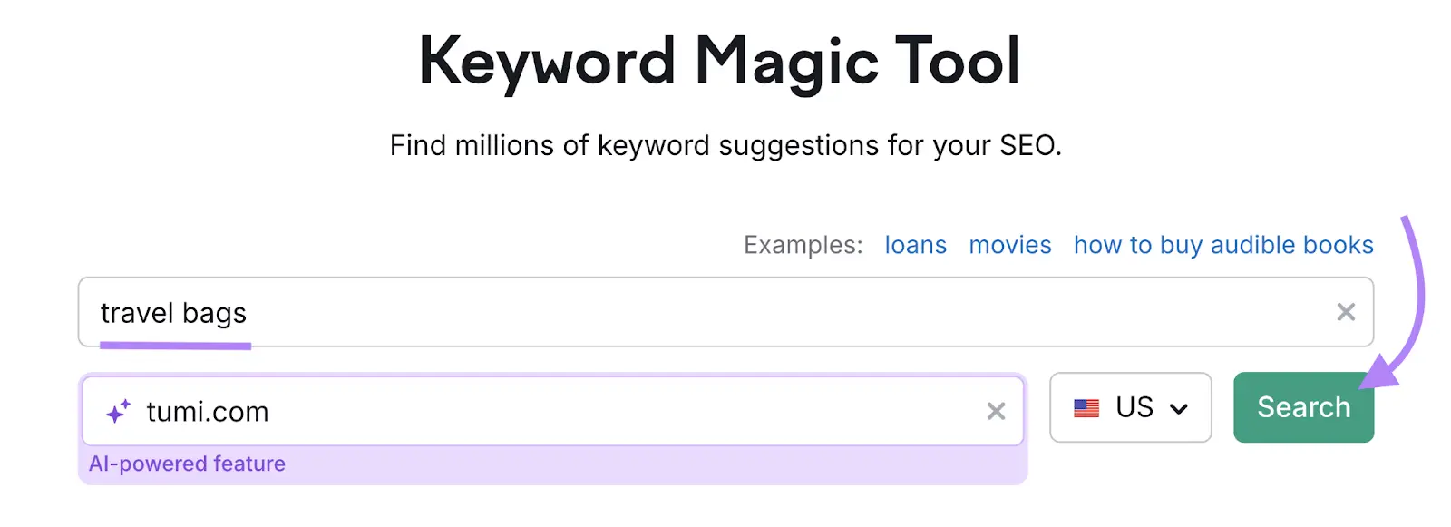 Keyword Magic Tool with "travel bags" entered as the term, "tumi.com" as the domain, and "Search" clicked.
