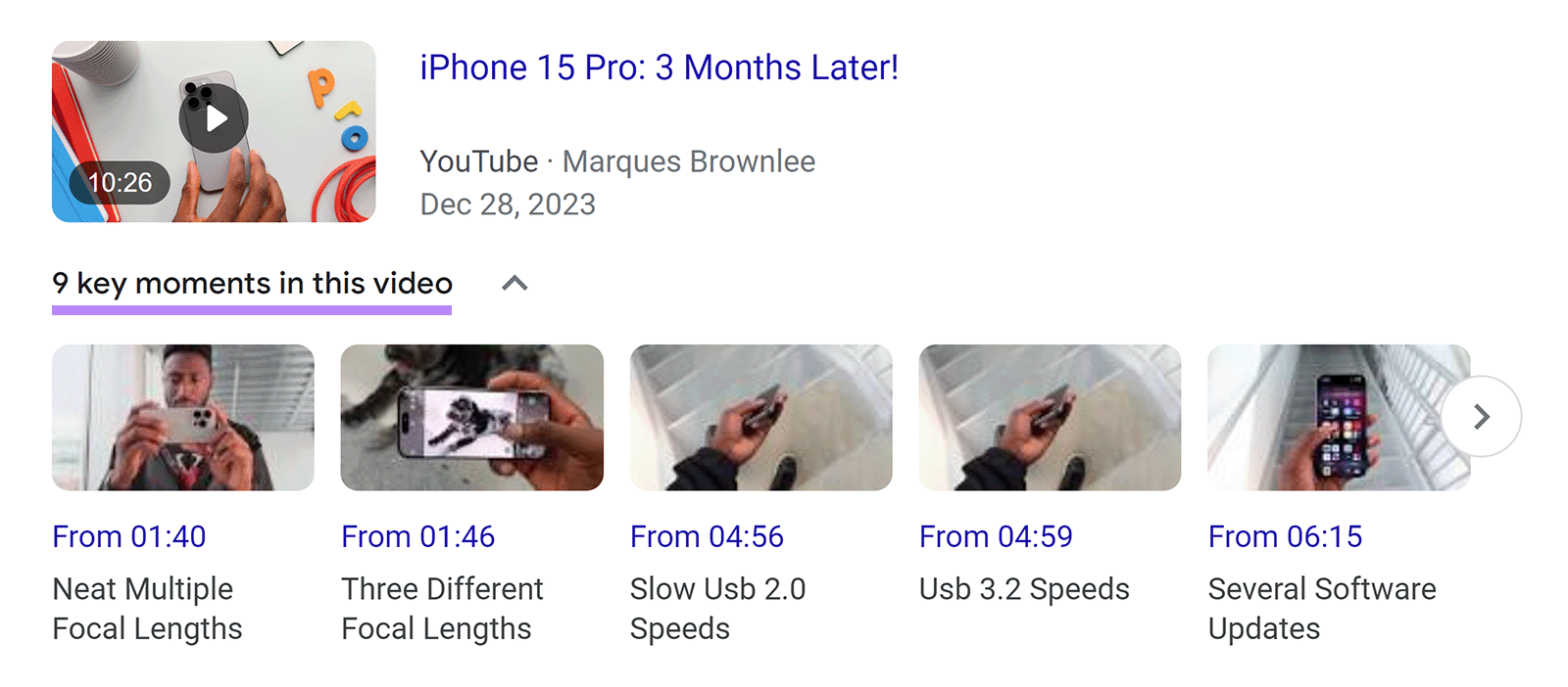 Video result with key moments tab expanded showing time stamps to different parts of video.