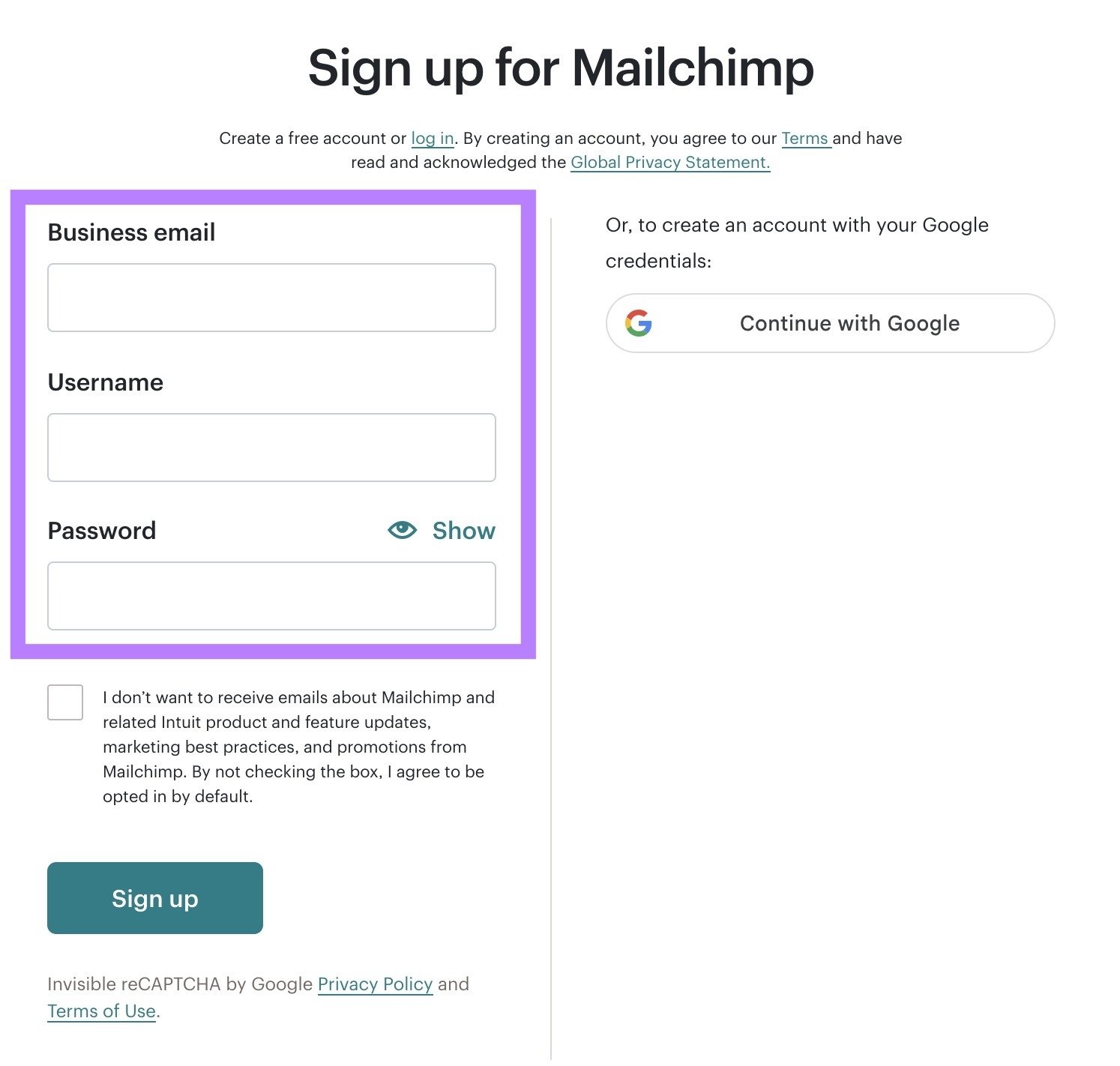 A signup form by Mailchimp with the input fields for a business email, username, and password on the left highlighted.