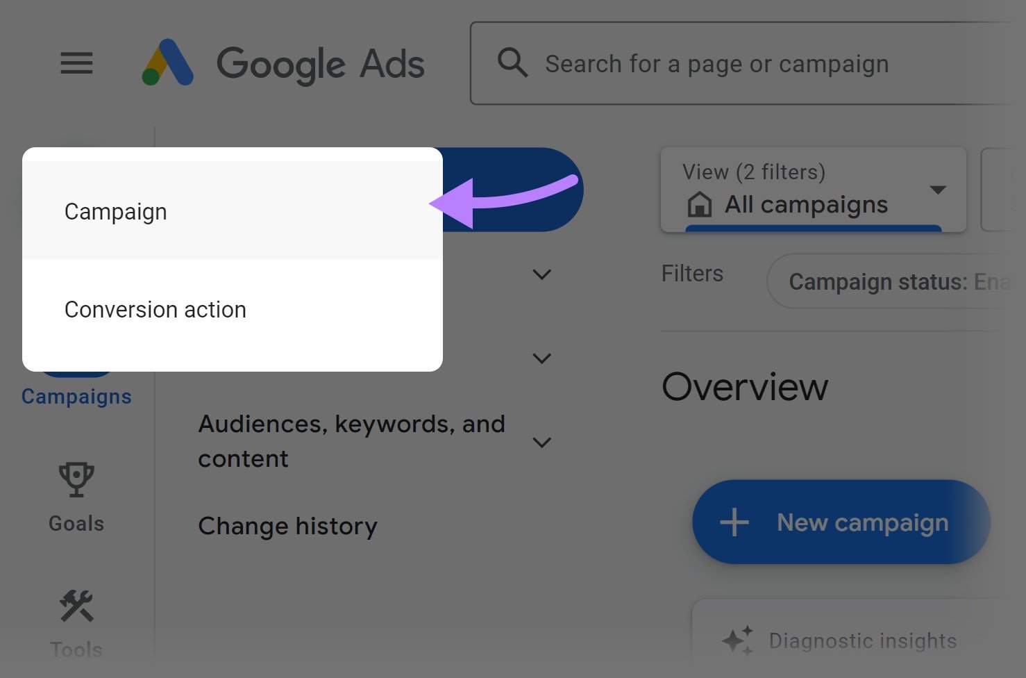 "Campaign" selected from the Google Ads "create" drop-down