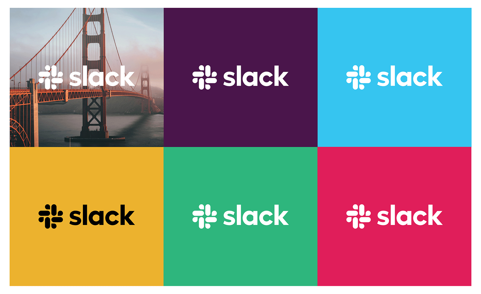 Slack logo shown in various brand color palettes, including purple, blue, green, yellow, and red backgrounds.