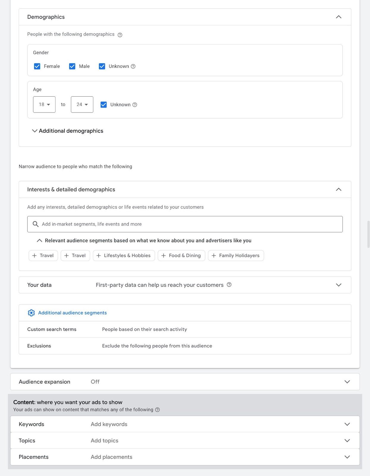 Audience targeting settings on Google Ads with options to specify audience based on gender, age, interests, etc.