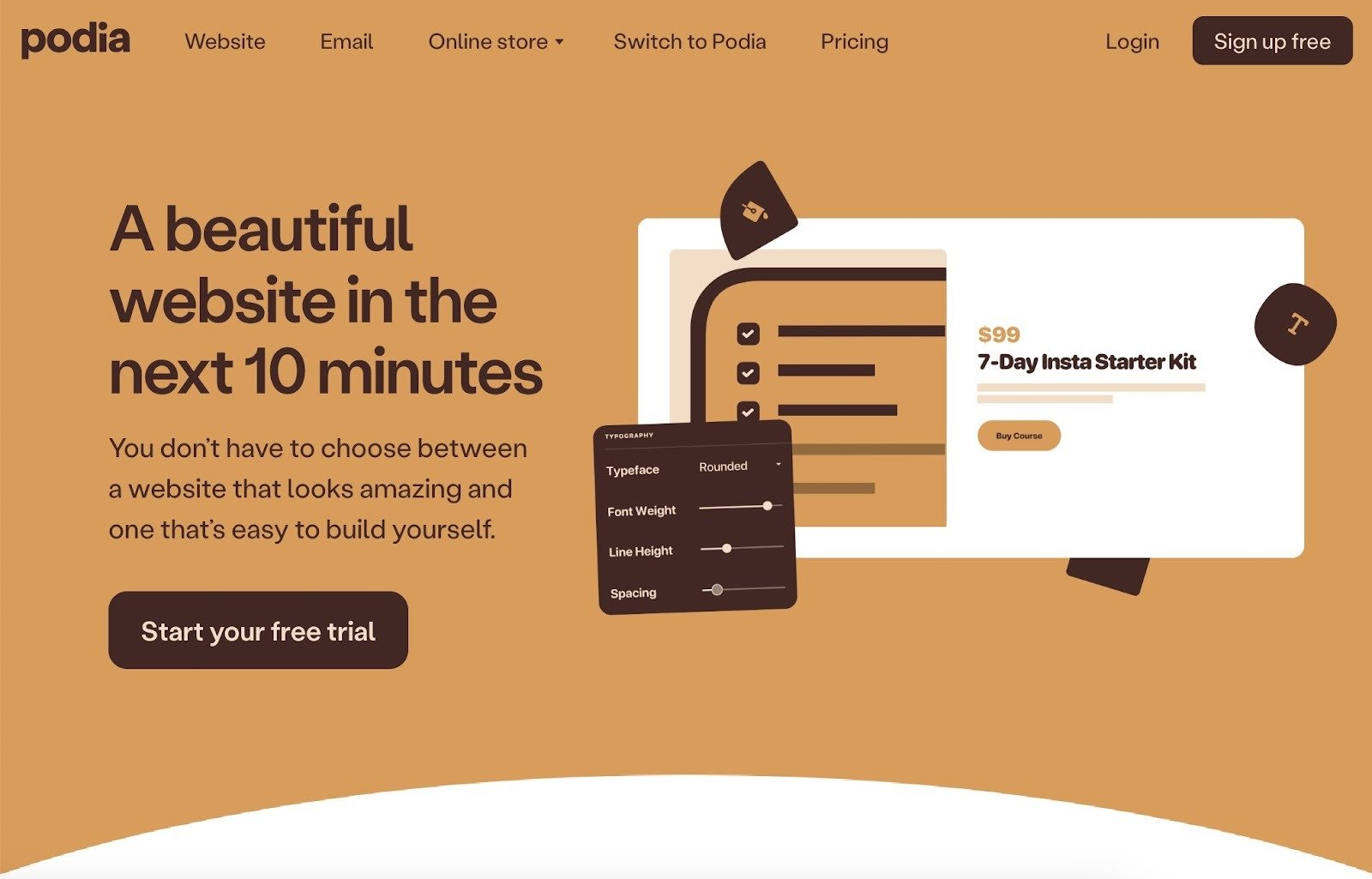 A landing page by Podia using a clean layout without distracting information or unnecessary visual elements.