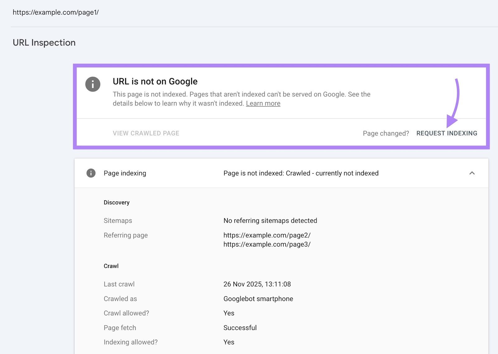URL Inspection on Google Search Console with the "Request Indexing" button clicked.