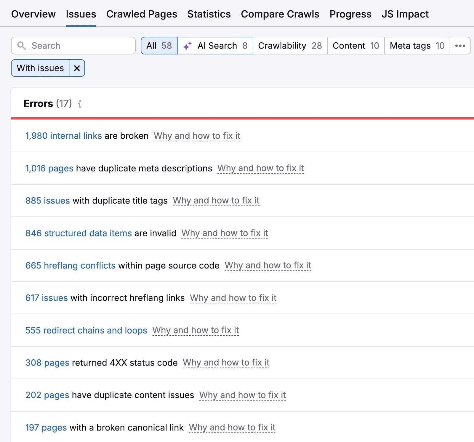 Site Audit Issues showing a list of website errors like broken internal links, duplicate content issues, and incorrect hreflang links.