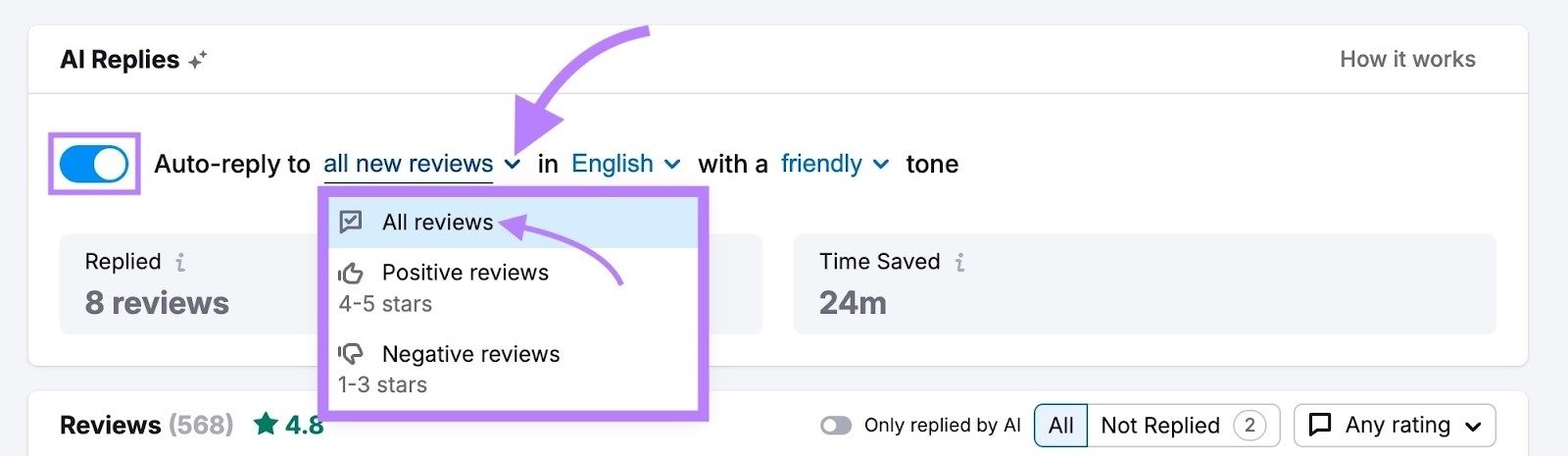Setting up automated review responses in the AI Replies section on Review Management.