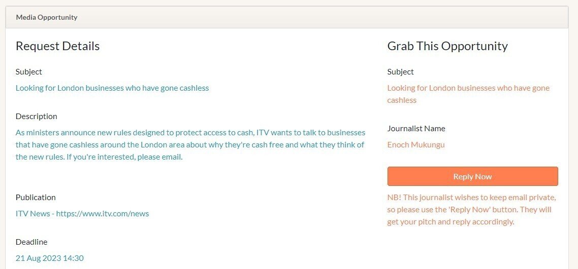 "Media opportunity" section in PressPlugs, showing "Request Details" on the left and "Grab This Opportunity" on the right.