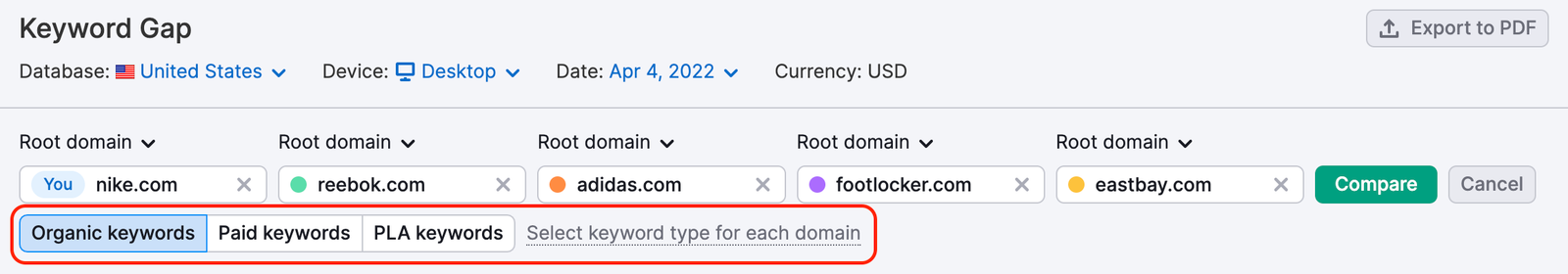 Top of the Keyword Gap report that shows the 3 types of keywords and a note that you can select keyword type for each domain is under the competitors and highlighted with a red rectangle.
