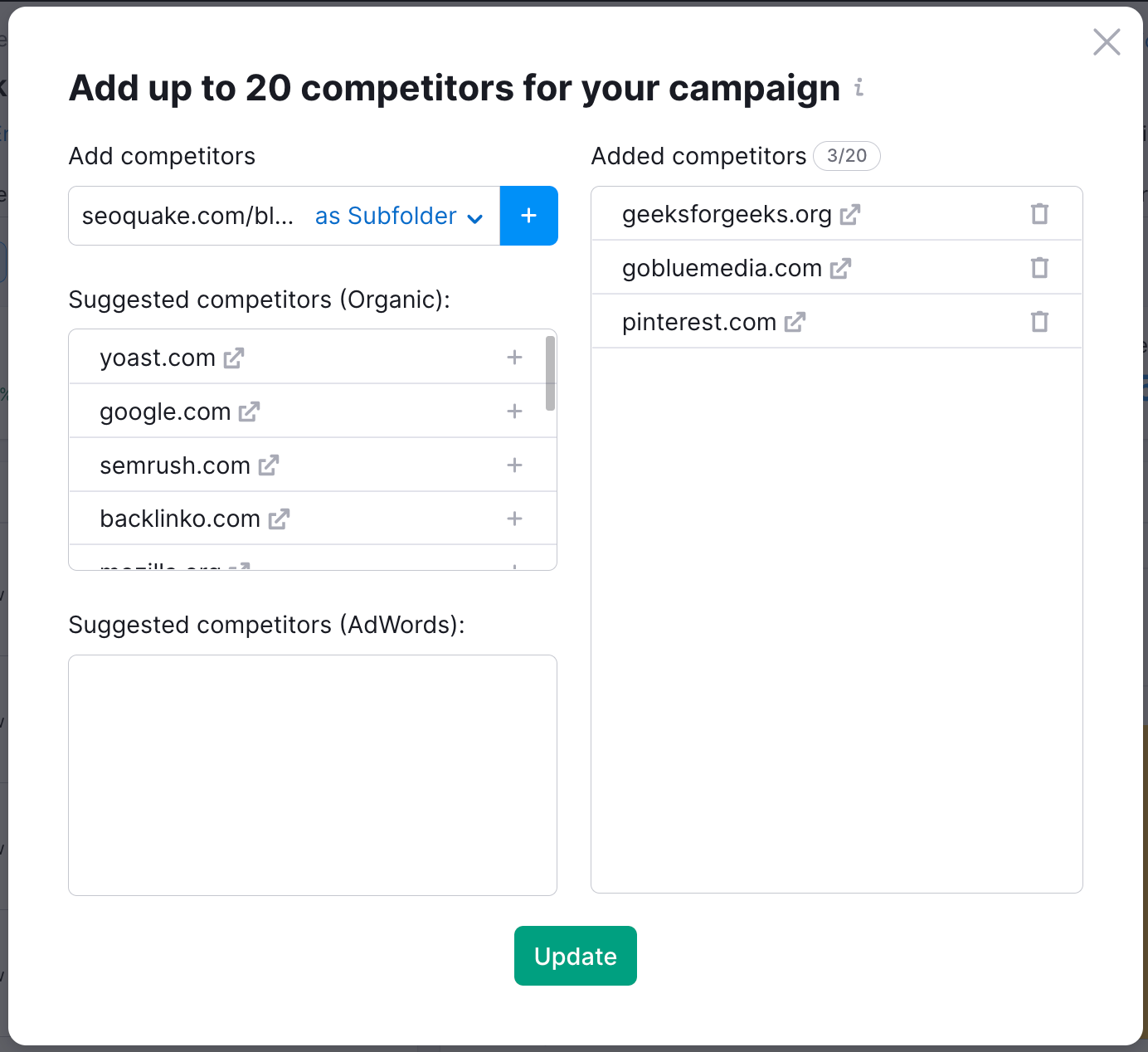 A pop-up menu for adding competitors in Position Tracking. The following fields are available: Add competitors, Suggested competitors (Organic), Suggested competitors (Ad Words), Added competitors. Below these fields, the Update button is located.