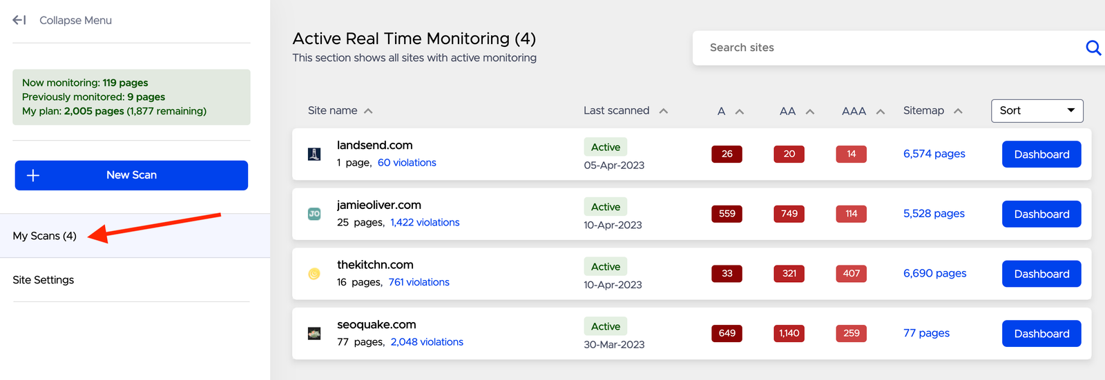 To see all scans you’ve already set up, open the left menu and click “My Scans.”