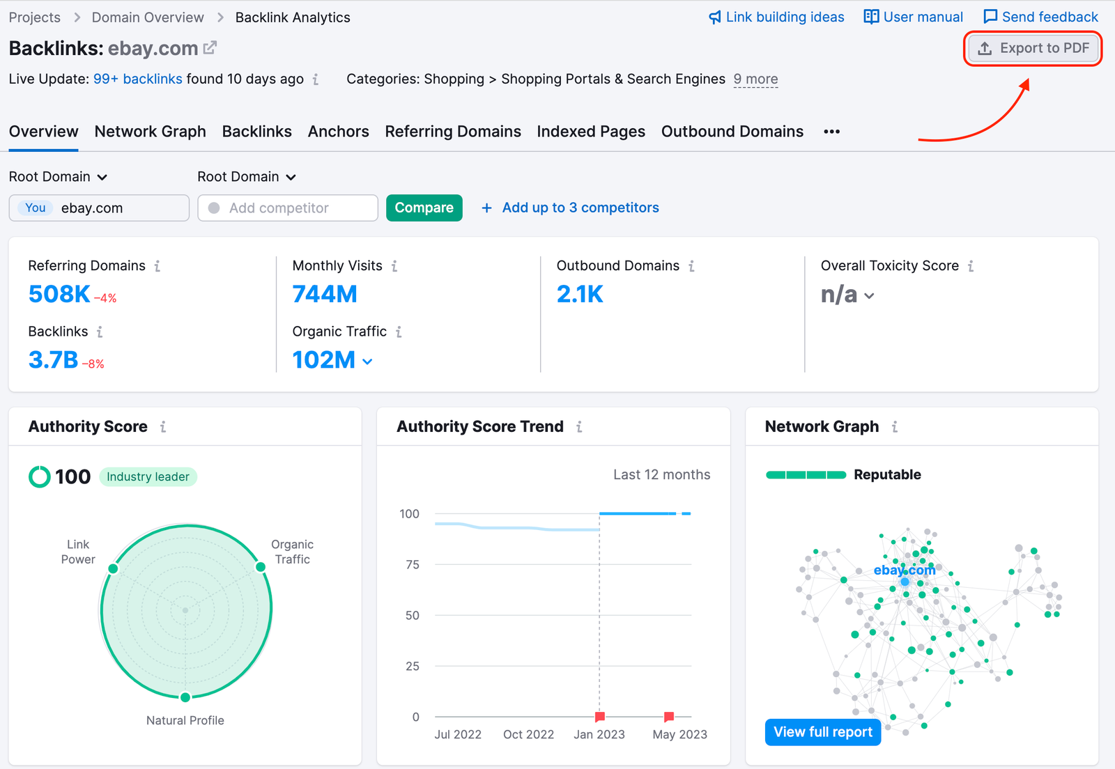 Exporting PDF in the Backlinks tool