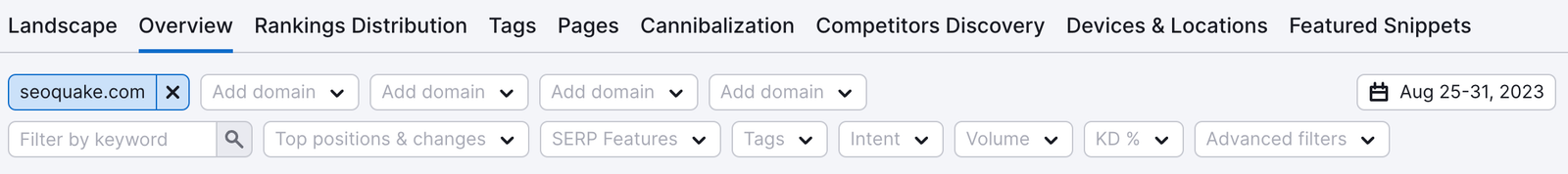 An example of all basic filters available on the Overview tab, with the last one providing access to advanced filters.