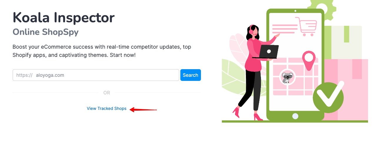 The &lsquo;View Tracked Shops&rsquo; link is underneath the search bar on the app's home page.