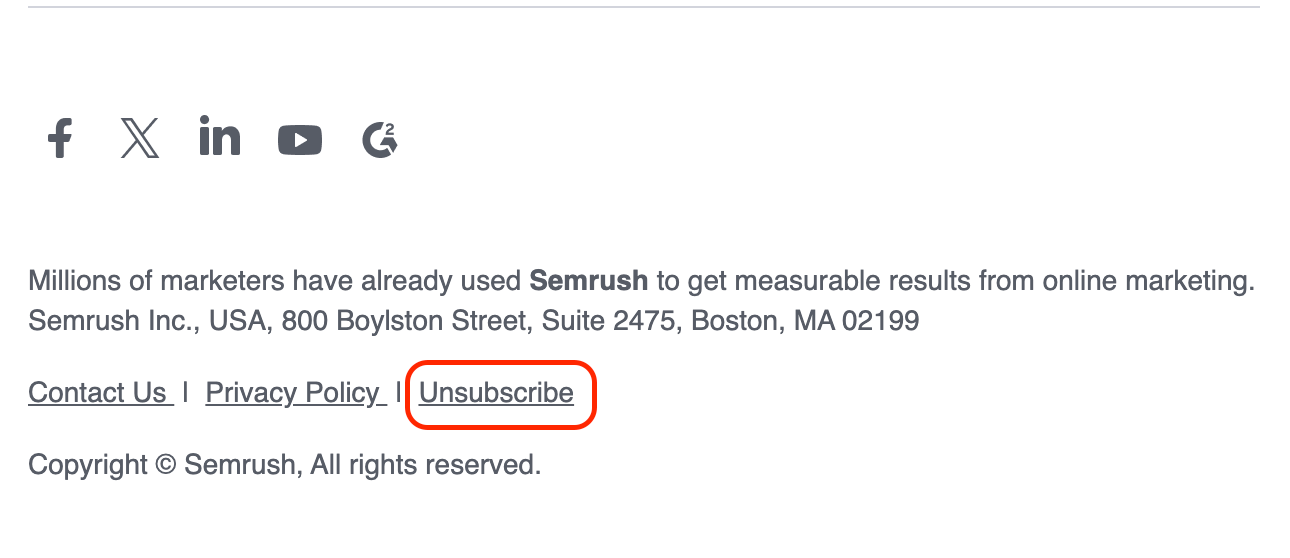 The 'Unsubscribe' button at the end of a Semrush Newsletter is highlighted with a red rectangle.