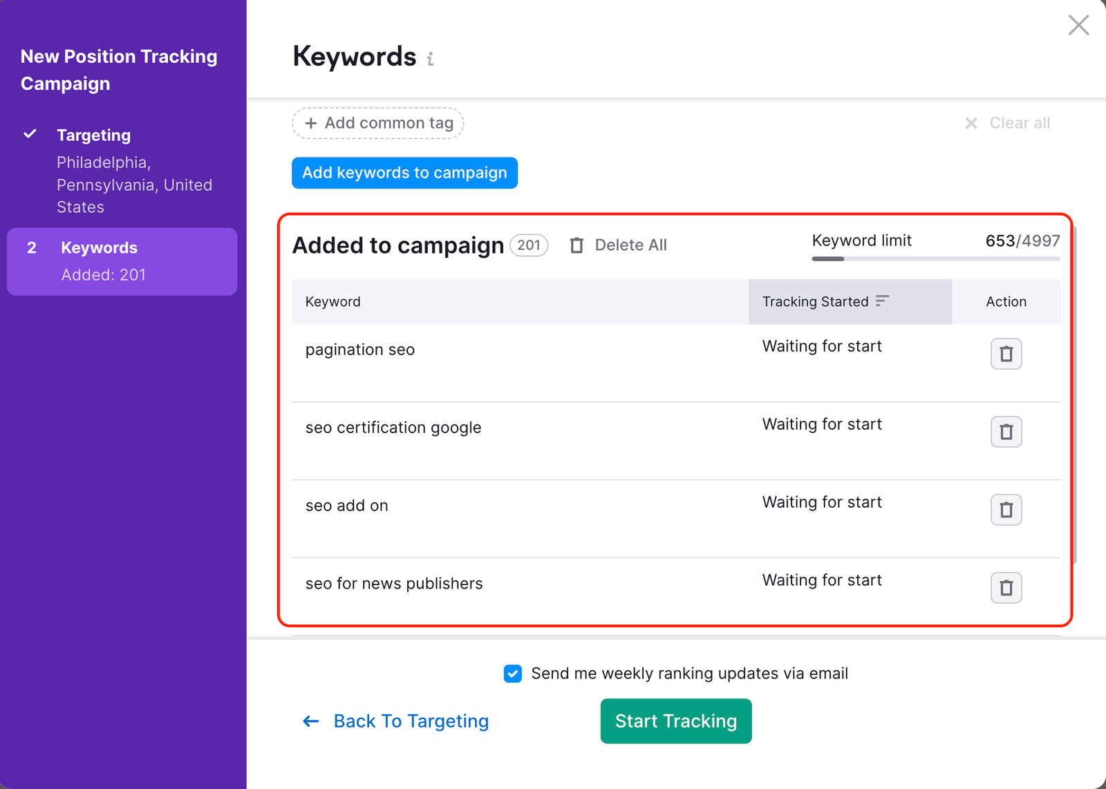 Position Tracking configuration window – Keywords. A red rectangle is highlighting the Added to campaign section.