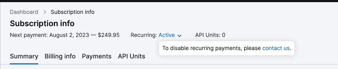 A part of the Subscription Info tab of a user profile. Next to the word Recurring a note opens from the blue Active button. The note says: To disable recurring payments, please contact us. Under contact us there is a link to the cancellation form.