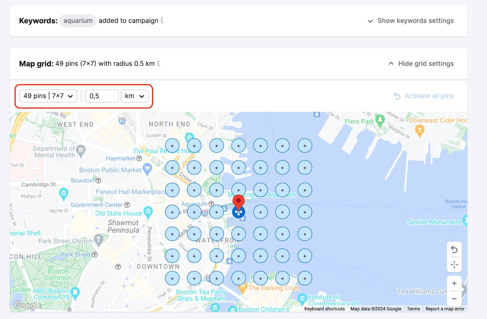 The map will show a grid of dots. Grab and drag this grid with your mouse to your desired search area. You can also easily designate specific measurements above the map in the 'Grid settings' section highlighted with a red rectangle above the grid. &nbsp;