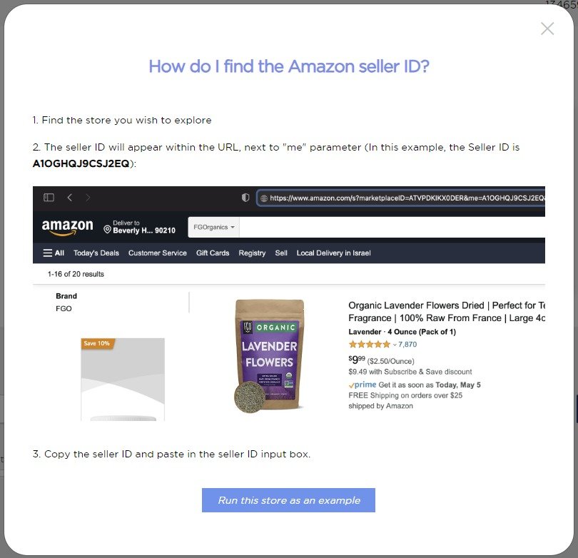 How to find an Amazon seller ID for the &lsquo;Store Analysis&rsquo; feature of Product Research Pulse.