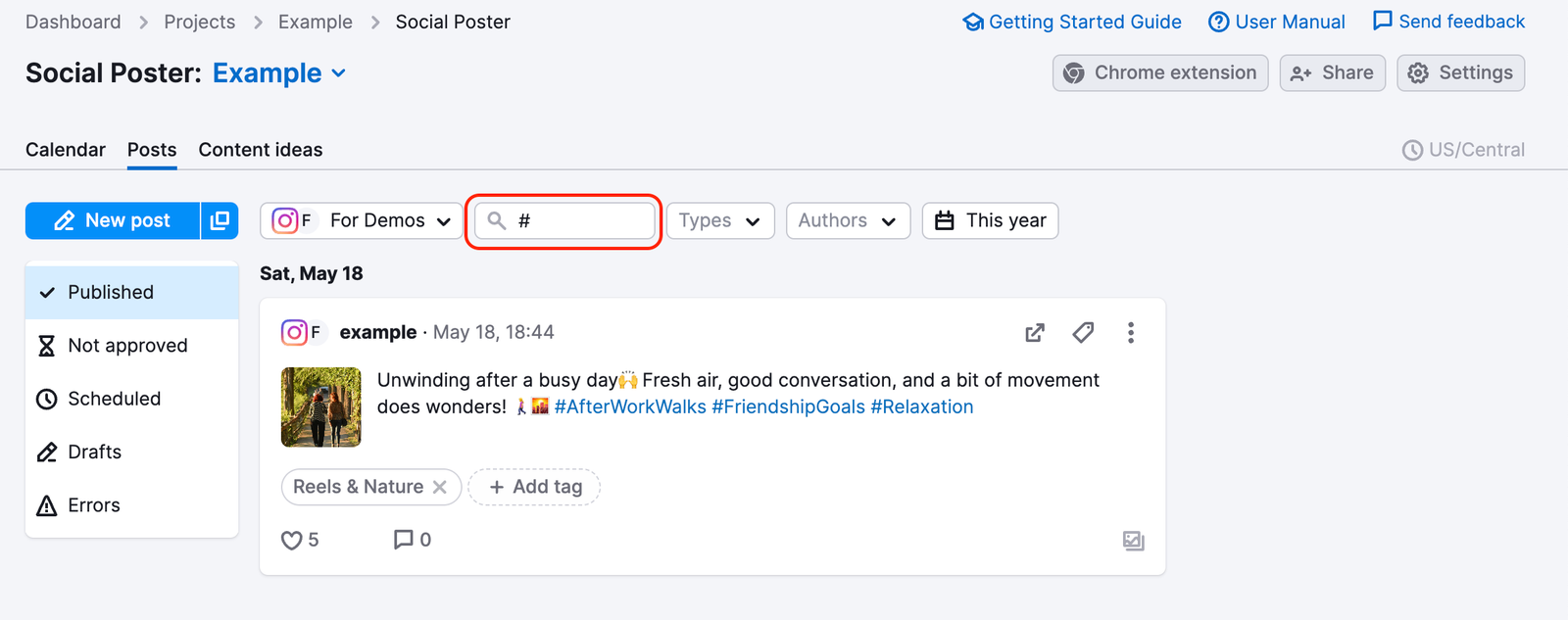 The search field with a # is highlighted in the Posts tab.