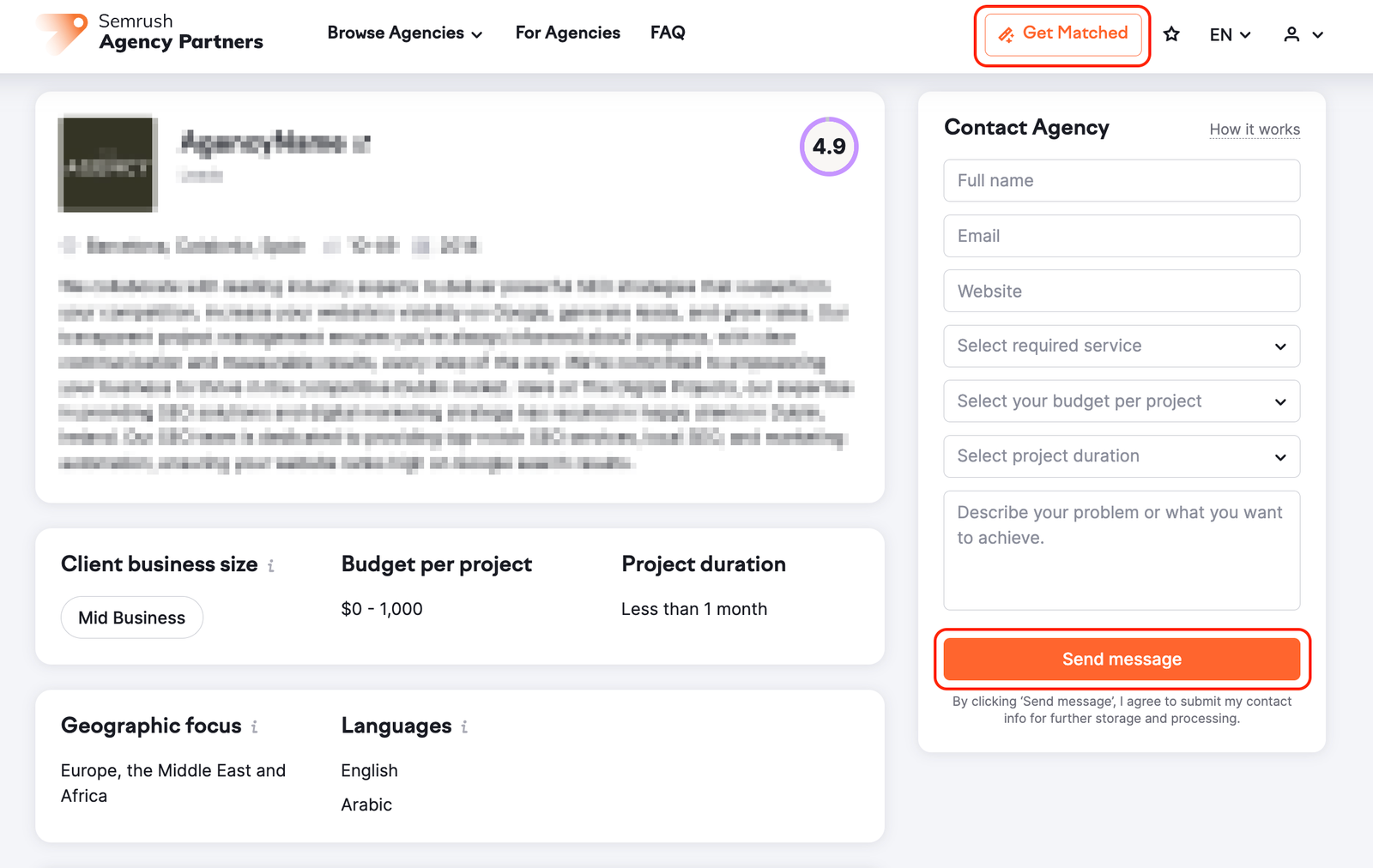 An example of the Agency's profile with the Get Matched button at the top of the page and the Send message button in the Contact Agency form. The buttons are highlighted with red rectangles.