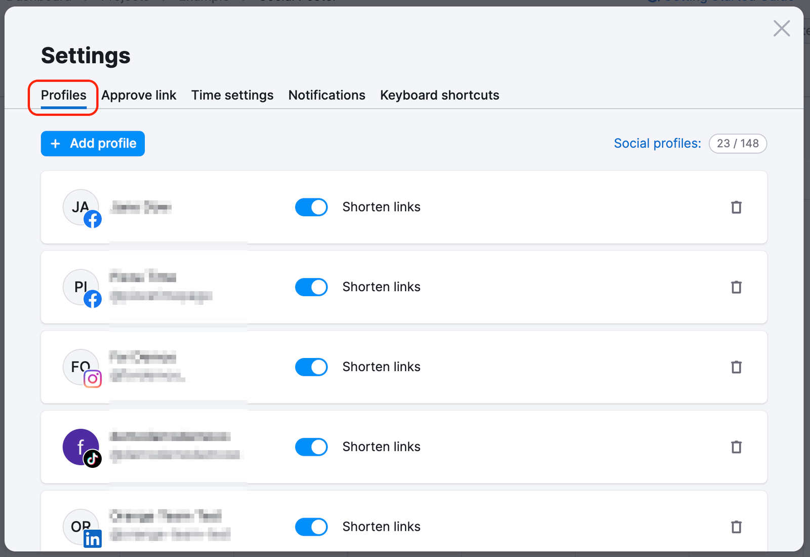 Social Poster settings with the Profiles tab highlighted. 