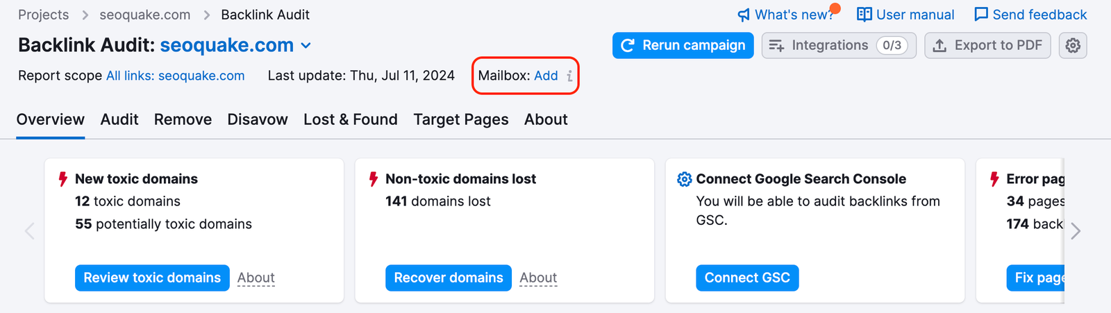 The Mailbox: Add button is highlighted at the top of the report. 