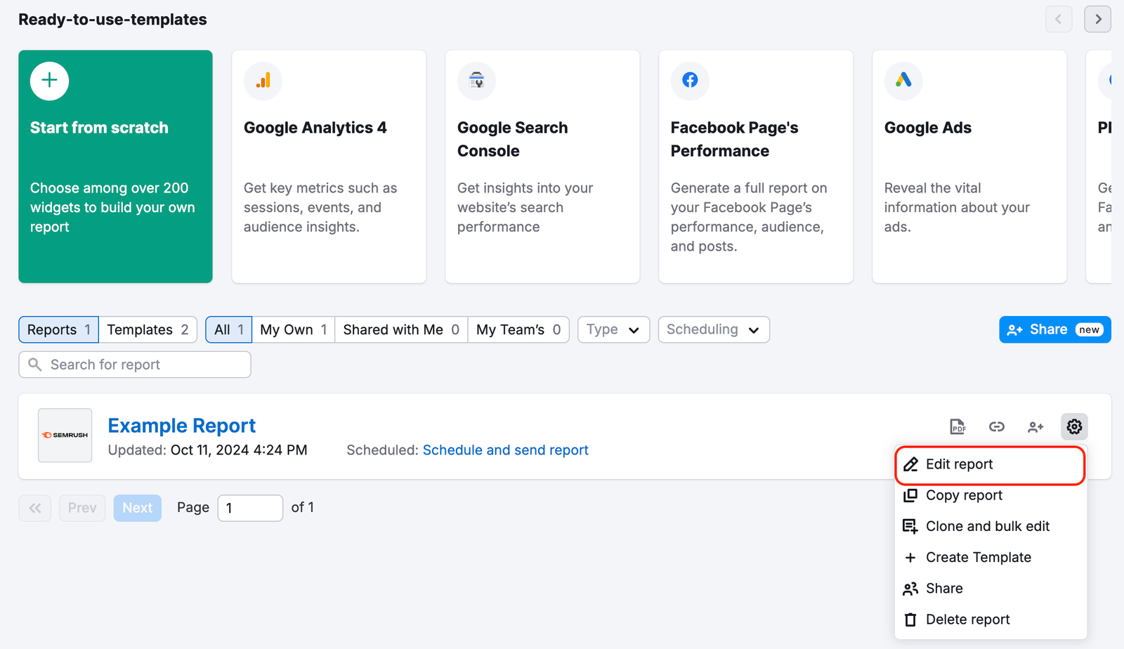 My Reports – click the gear button next to a report to open a drop-down menu and click Edit report.