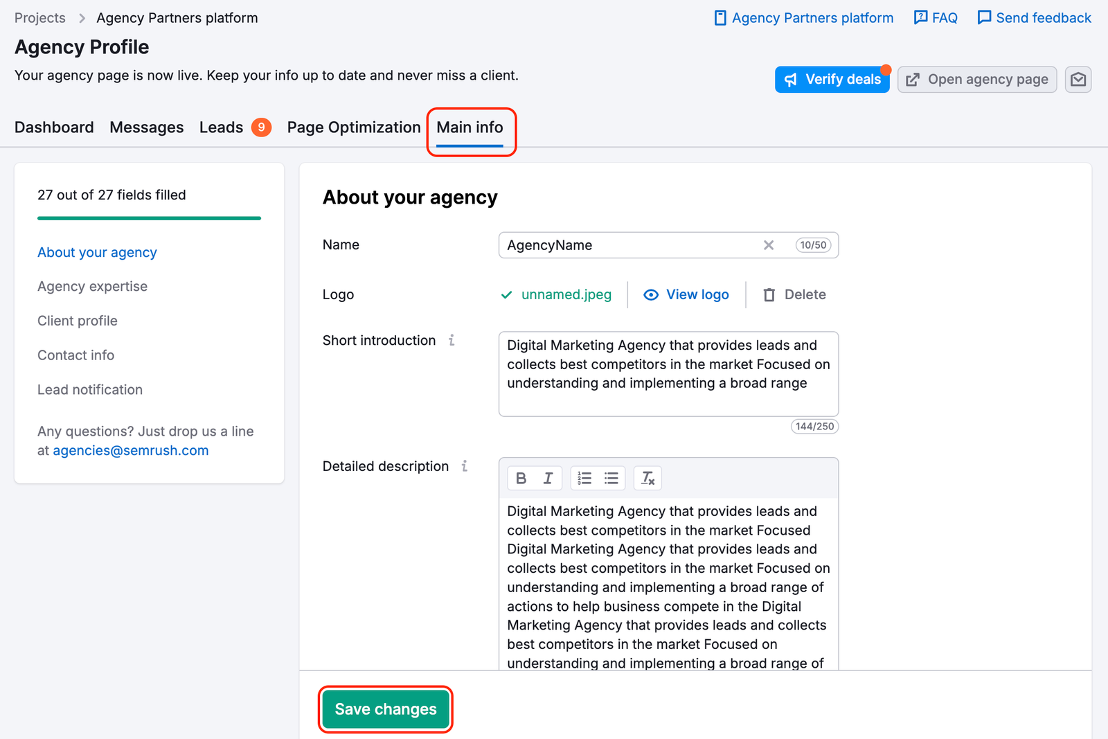 An example of the Main Info report in the Agency Profile.
