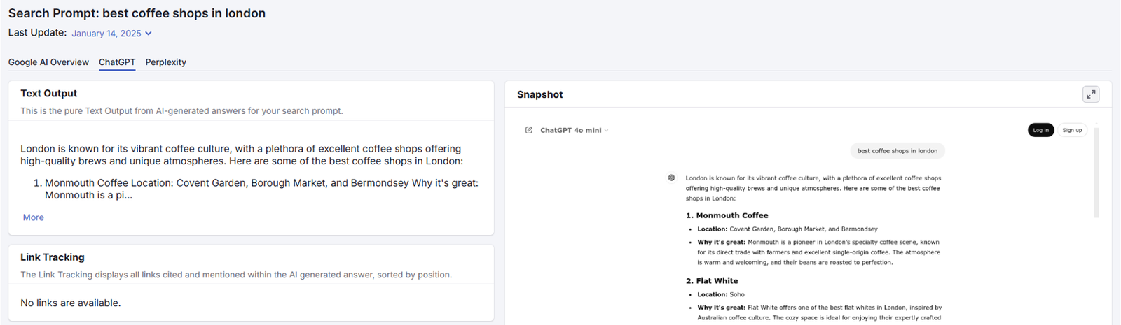 The Text Output section of a search prompt report in Otterly - AI Search Monitoring
