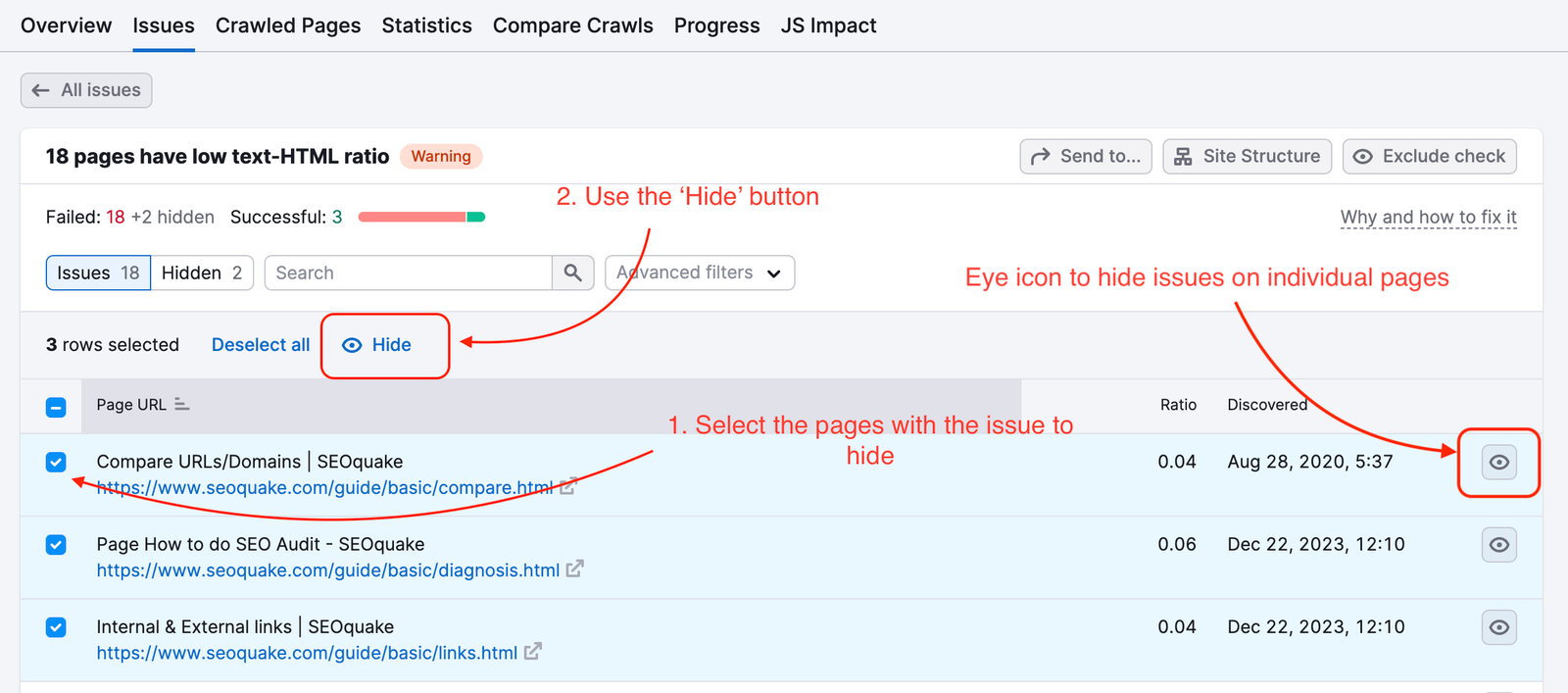 List of URLs with an issue, featuring a highlighted eye icon to hide an issue on individual pages and a 'Hide' button to hide multiple pages at once.