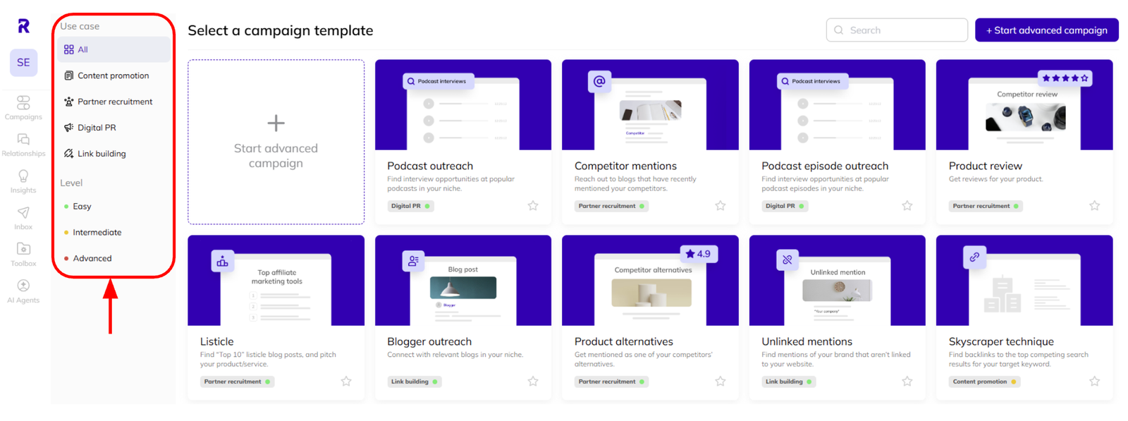 Filtering your available templates in AI Backlink Builder.