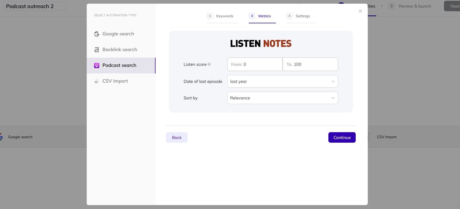 Configuring Listen Notes for podcast searches in AI Backlink Builder.