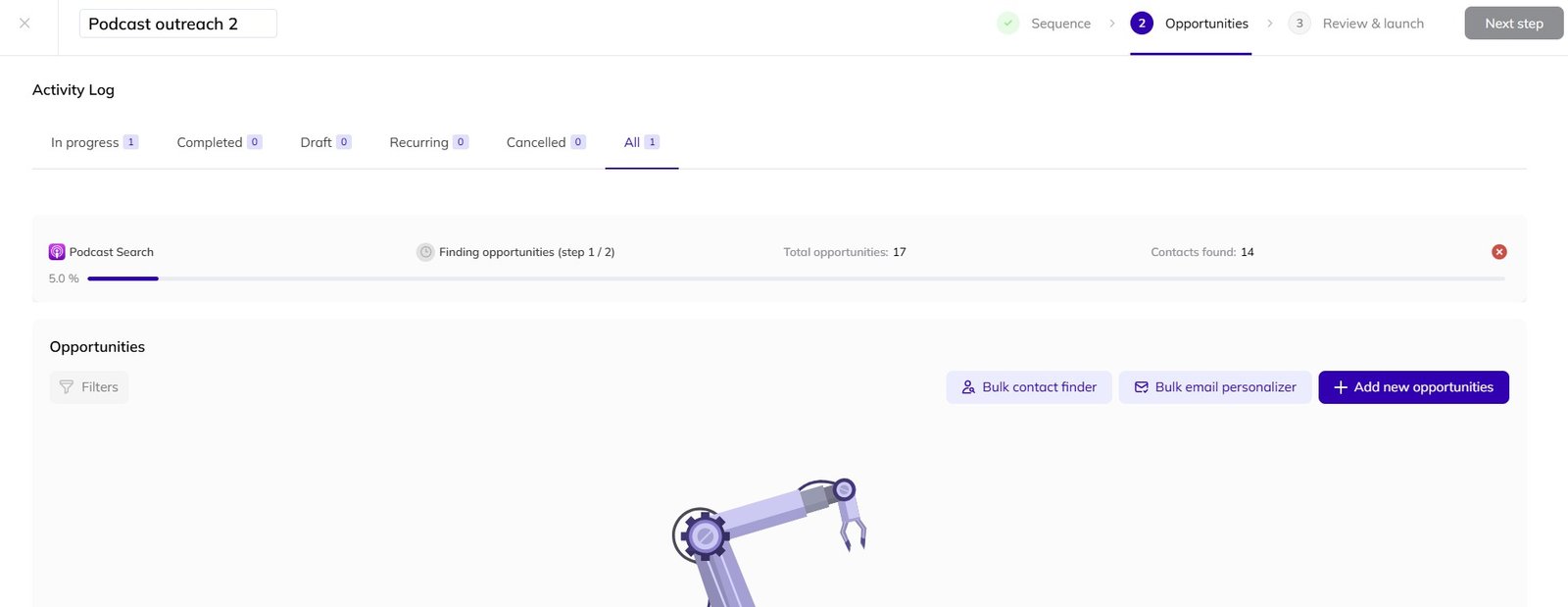 The &lsquo;Activity Log&rsquo; page during campaign setup in AI Backlink Builder.