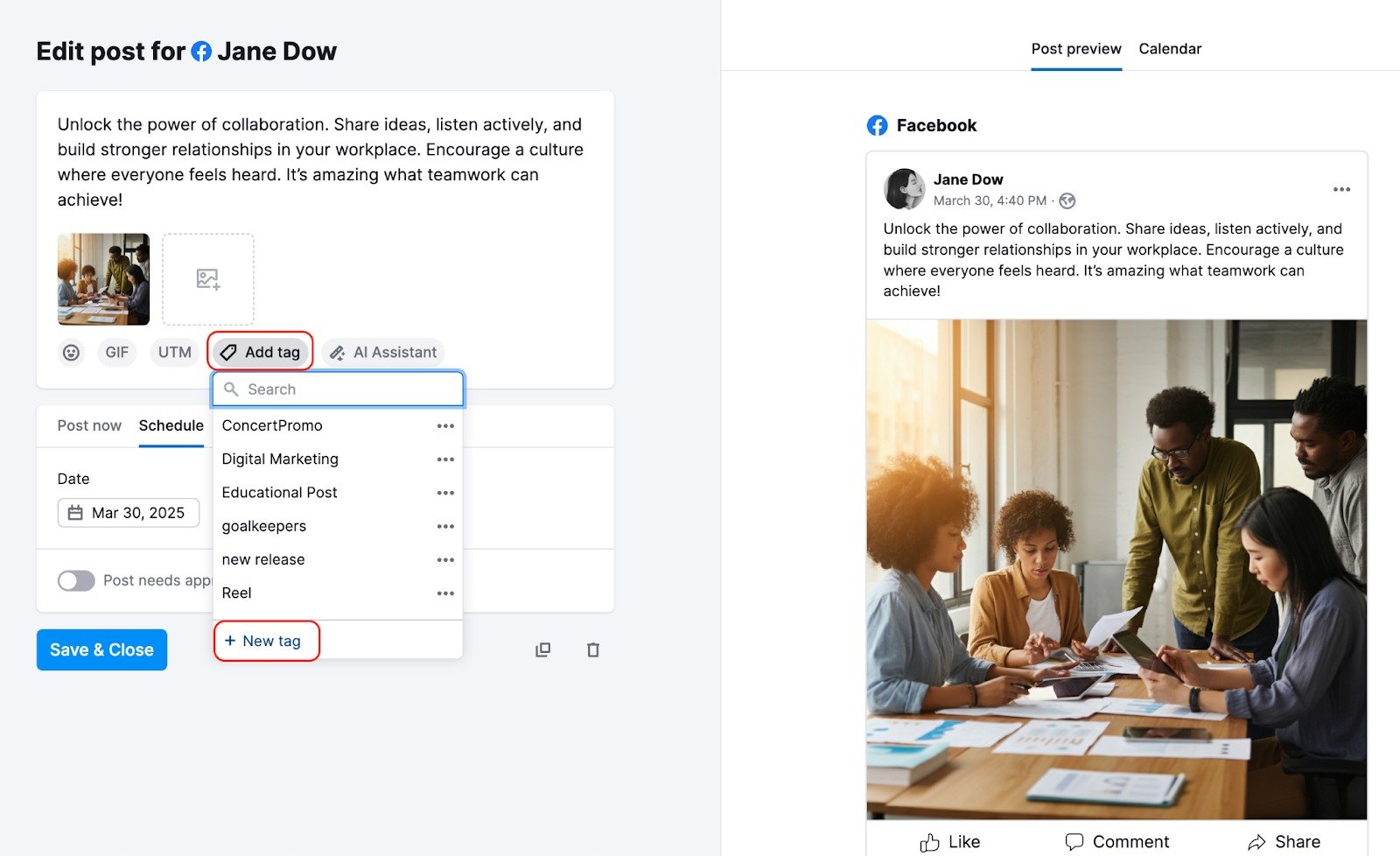 Post Preview in Social Poster showing the Add Tag dropdown menu, with the New Tag option highlighted.