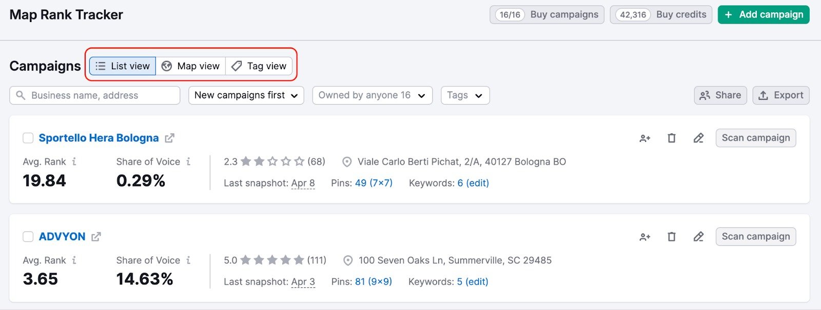 Map Rank Tracker main page displaying two highlighted options: a list view and a map view, allowing for seamless campaigns navigation.
