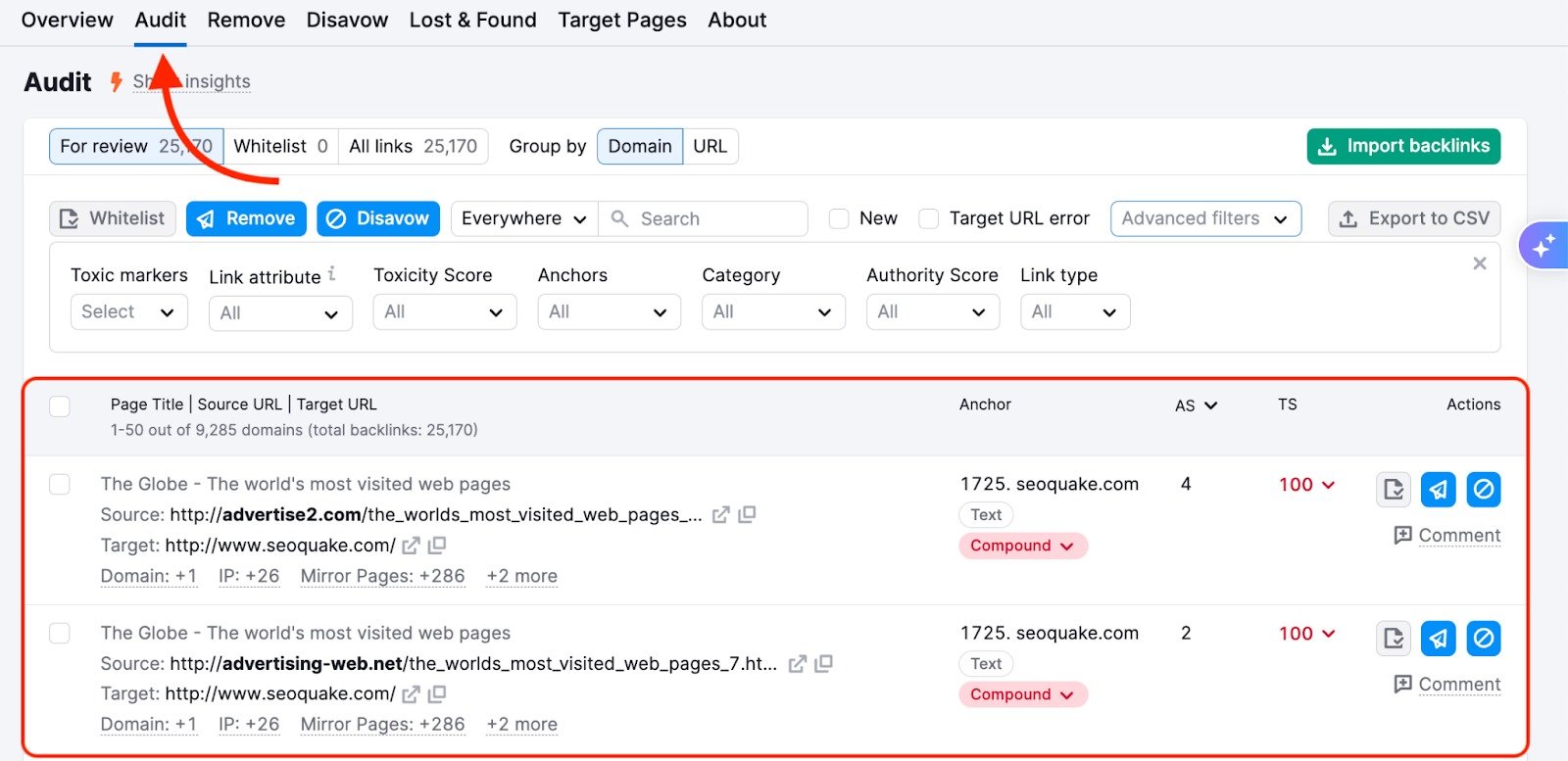 Backlink Audit tool with the Audit tab open