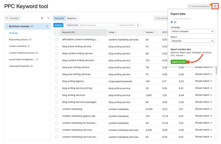 The export button in the PPC Keyword Tool.