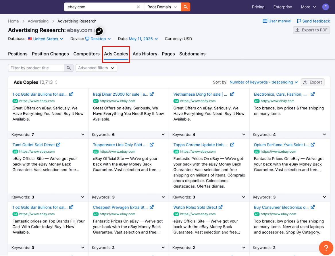 The Ad Copies report in Advertising Research.